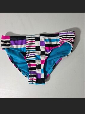 Girls’s Geometric Stripe Bikini Bottom - Teal, Purple & Pink